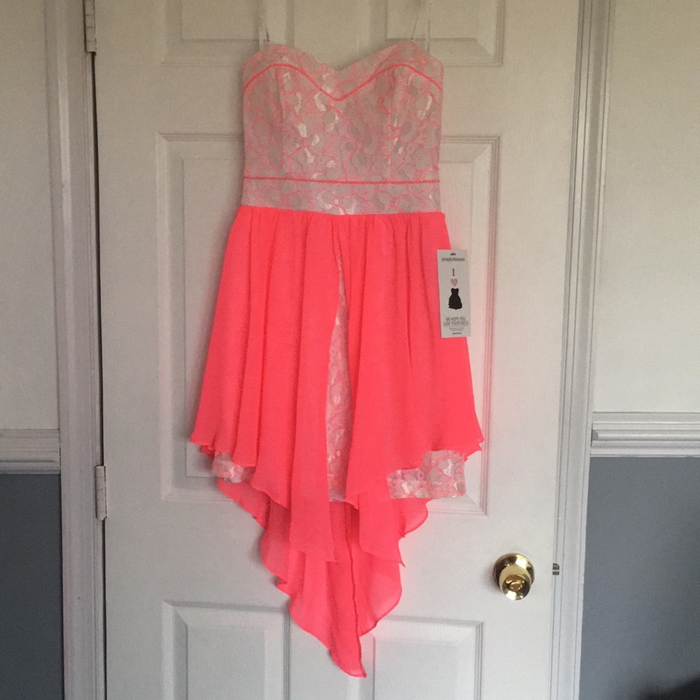 Strapless high low dress white with bright peach